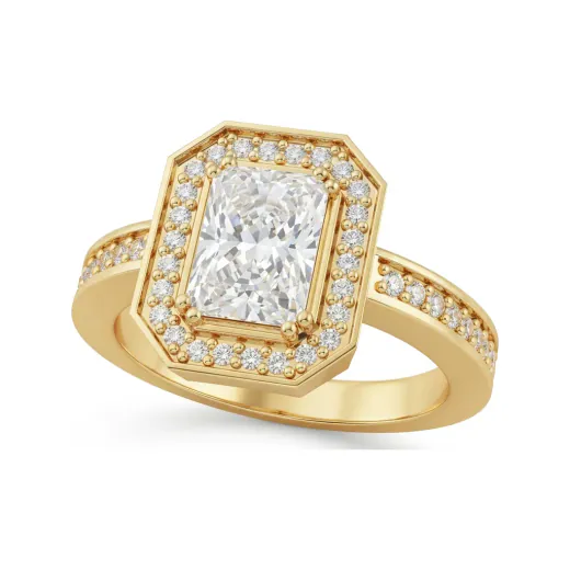 1.36 CTTW Vintage Emerald Cut Halo Engagement Ring in 10K Yellow Gold