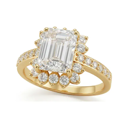 2.11 CTTW Radiant Cut Halo Engagement Ring with Pave Band in 10K Yellow Gold