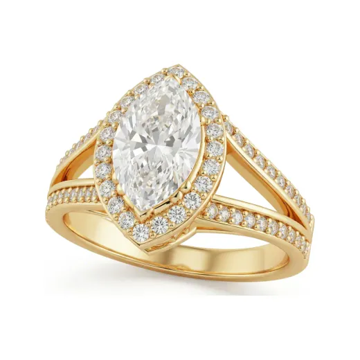 1.3 CTTW Marquise Halo Split Shank Engagement Ring in 10K Yellow Gold
