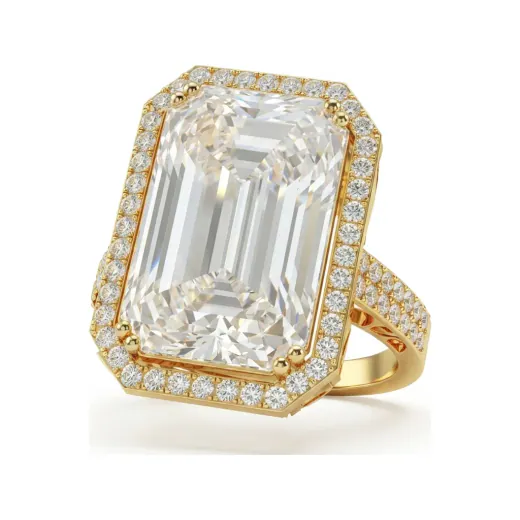 10.61 CTTW Emerald Cut Halo Cocktail Ring with Filigree in 10K Yellow Gold