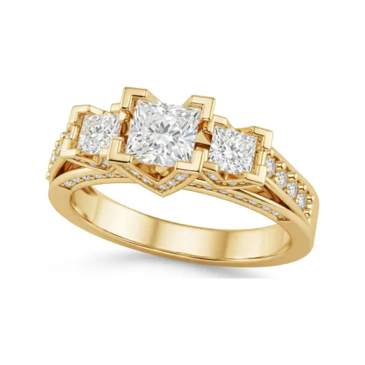 1.31 CTTW Lab Grown Diamond Trellis Three-Stone Princess Ring with Channel and Pave