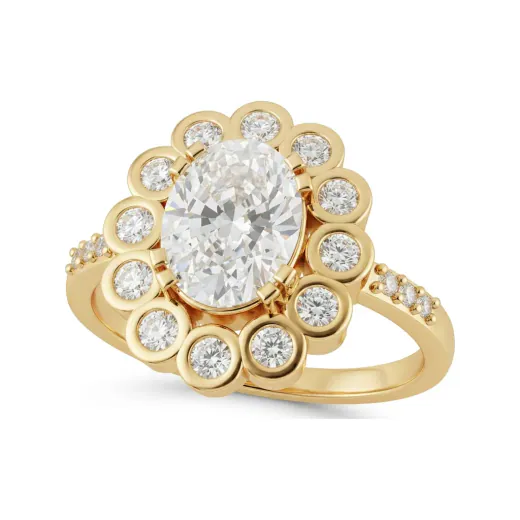 1.39 CTTW Oval Halo Engagement Ring with Flower Cluster Accents in 10K Yellow Gold