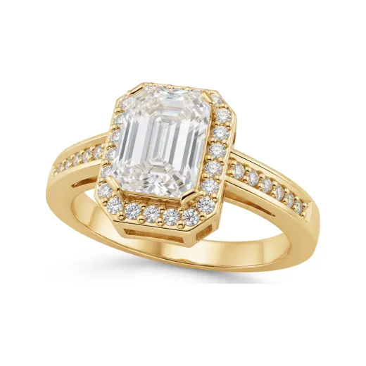 1.53 CTTW Emerald-Cut Colored Stone Halo Cathedral Ring in 10K Yellow Gold
