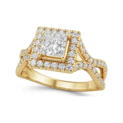0.64 CTTW Princess-Cut Halo Ring with Pave Shoulders in 10K Yellow Gold