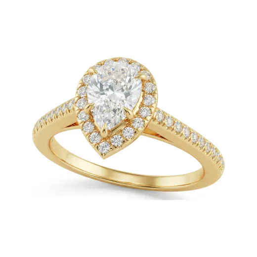 0.58 CTTW Pear Halo Engagement Ring with Pave Shoulders in 10K Yellow Gold