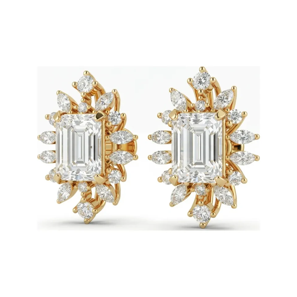 6.01 CTTW Vintage Emerald Cut Lab Grown Diamond Starburst Halo Stud Earrings | Marquise & Round Cluster image 1