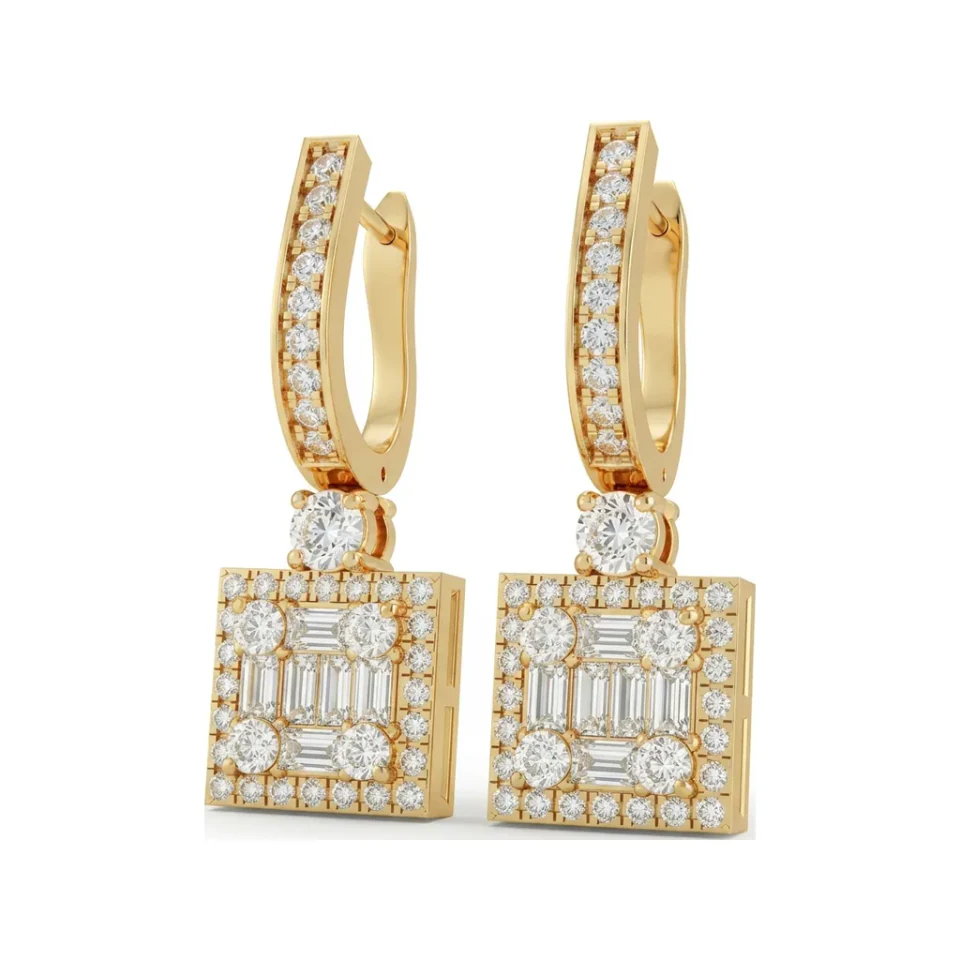 2.01 CTTW Lab Grown Diamond Art Deco Baguette Cluster Square Halo Drop Earrings | Pave Huggie Top image 1