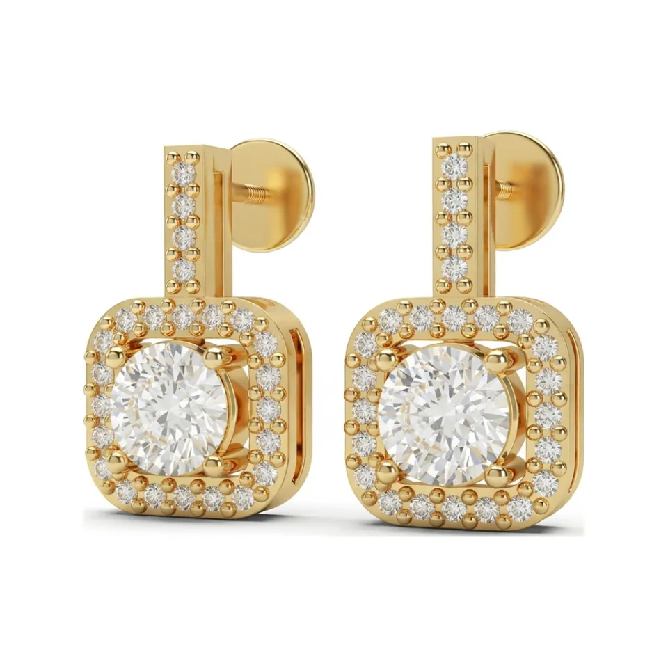 0.92 CTTW Round Lab Grown Diamond Drop Earrings with Cushion-Shaped Halo image 1