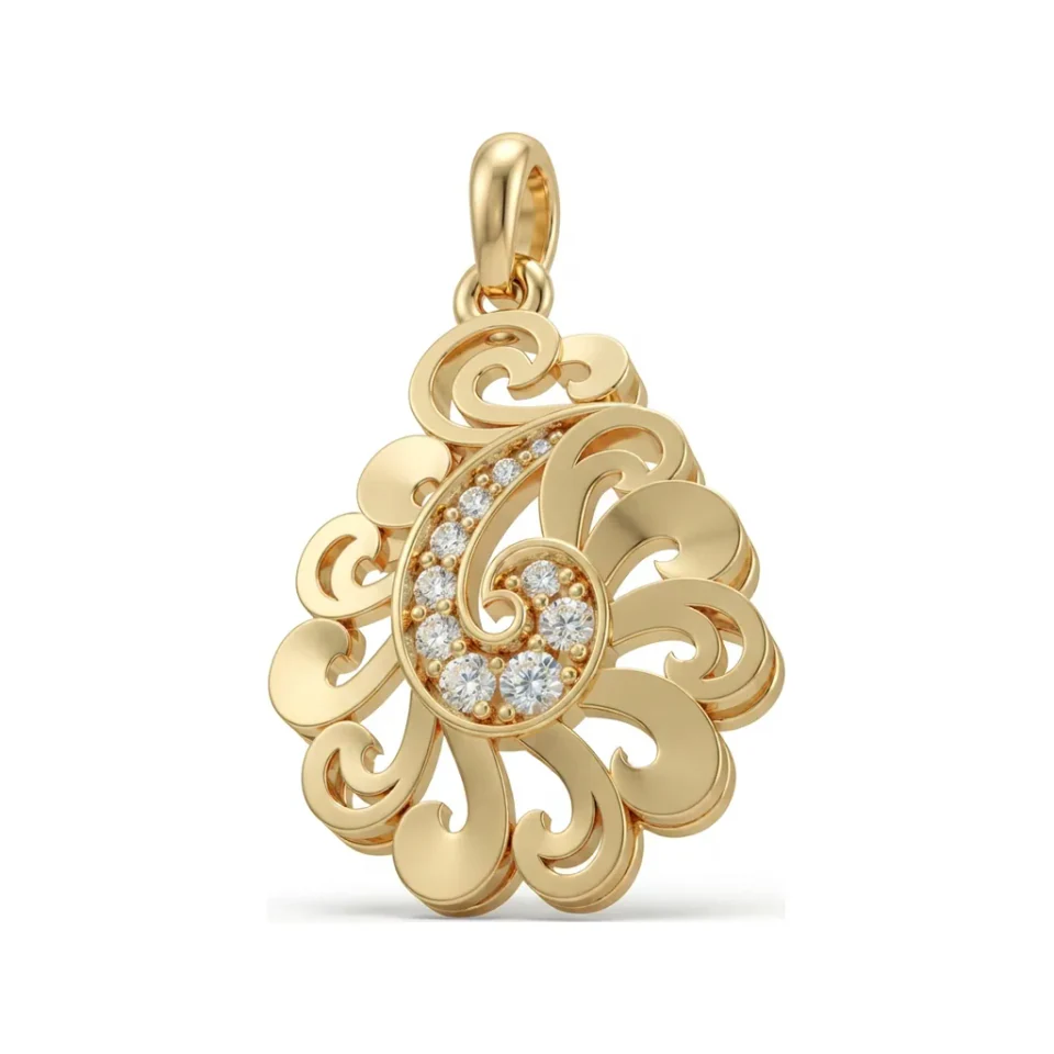 0.1 CTTW Diamond Paisley Scroll Filigree Pendant in 10K Yellow Gold image 1