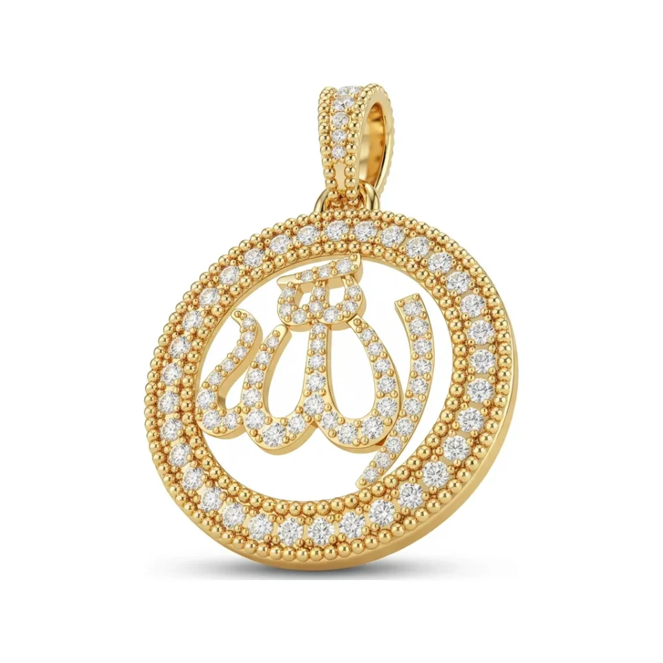 0.51 CTTW Diamond Allah Pendant Round Medallion in 10K Yellow Gold image 1
