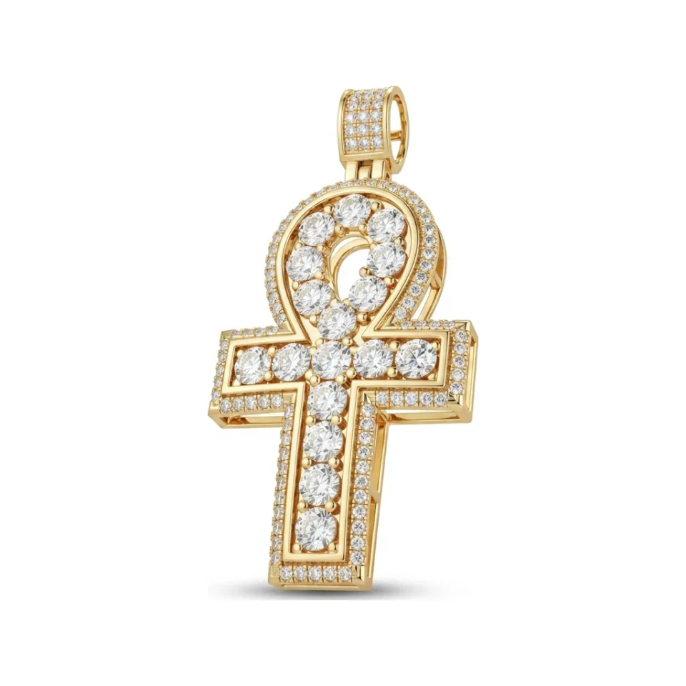 0.8 CTTW Iced Out Pave Diamond Ankh Cross Pendant in 10K Yellow Gold image 1