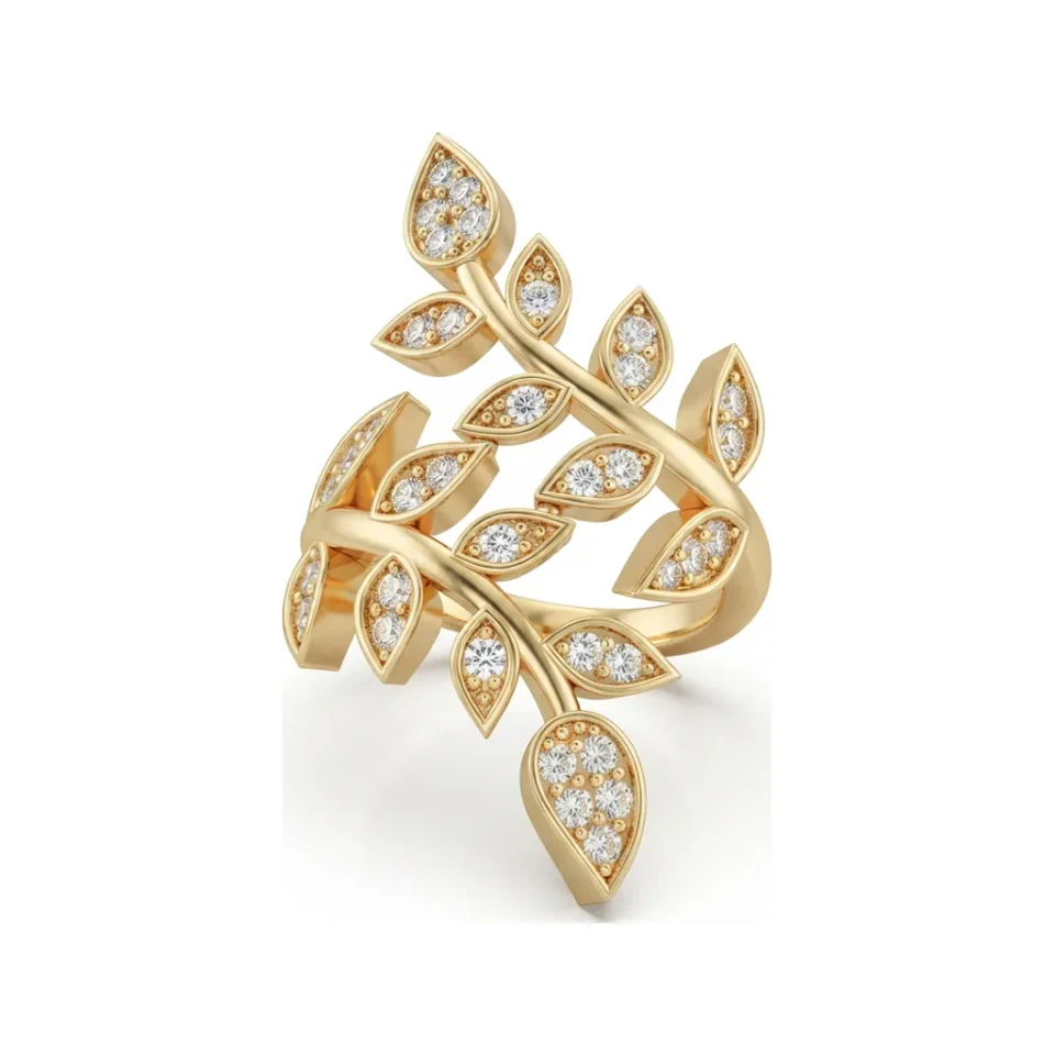 0.64 CTTW Nature-Inspired Leaf Ring with Pave Vine Detail in 10K Yellow Gold image 1