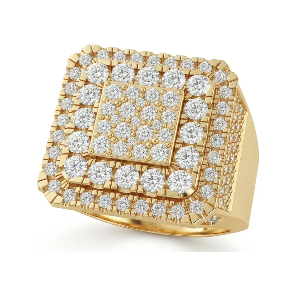 2.1 CTTW Mens Square Pave Diamond Statement Ring in 10K Yellow Gold image 1