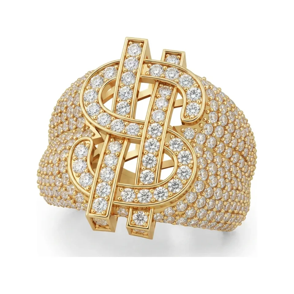 3.12 CTTW Mens Pave Diamond Dollar Sign Statement Ring in 10K Yellow Gold image 1