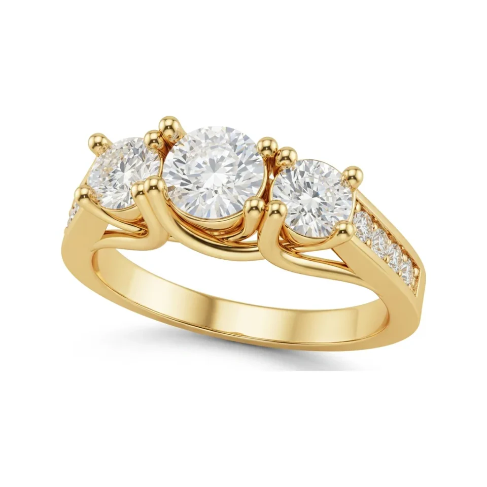 1.01 CTTW Round Three-Stone Ring with Channel Set Accents in 10K Yellow Gold image 1