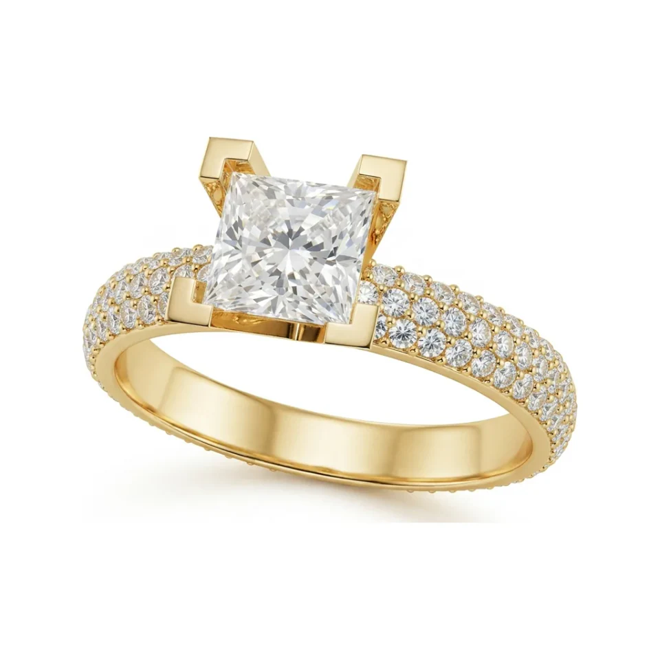 1.47 CTTW Princess Cut Solitaire Engagement Ring with Pave Band in 10K Yellow Gold image 1