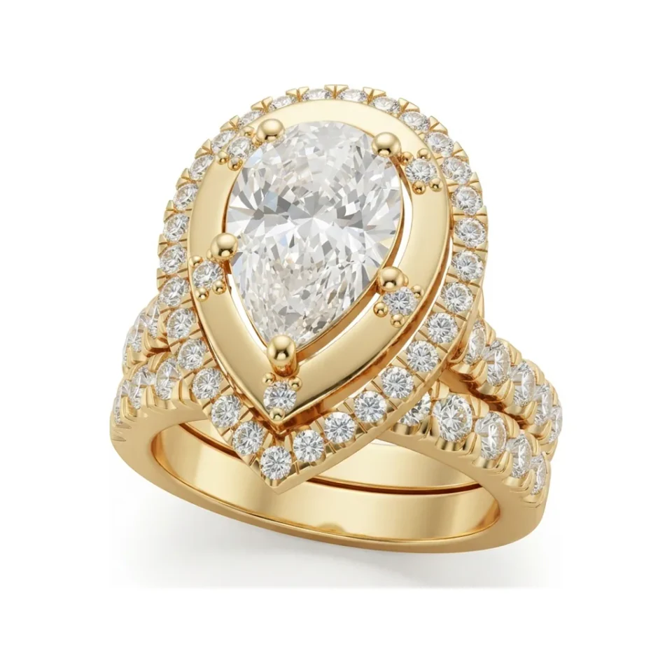 1.87 CTTW Pear Double Halo Bridal Set with Colored Stones in 10K Yellow Gold image 1