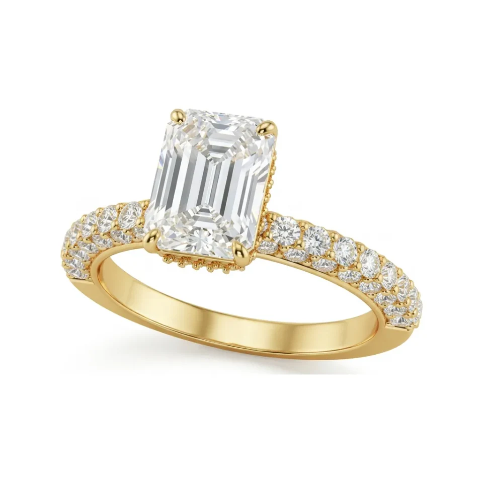 2.59 CTTW Emerald Cut Accented Solitaire Micro-Pave Ring in 10K Yellow Gold image 1