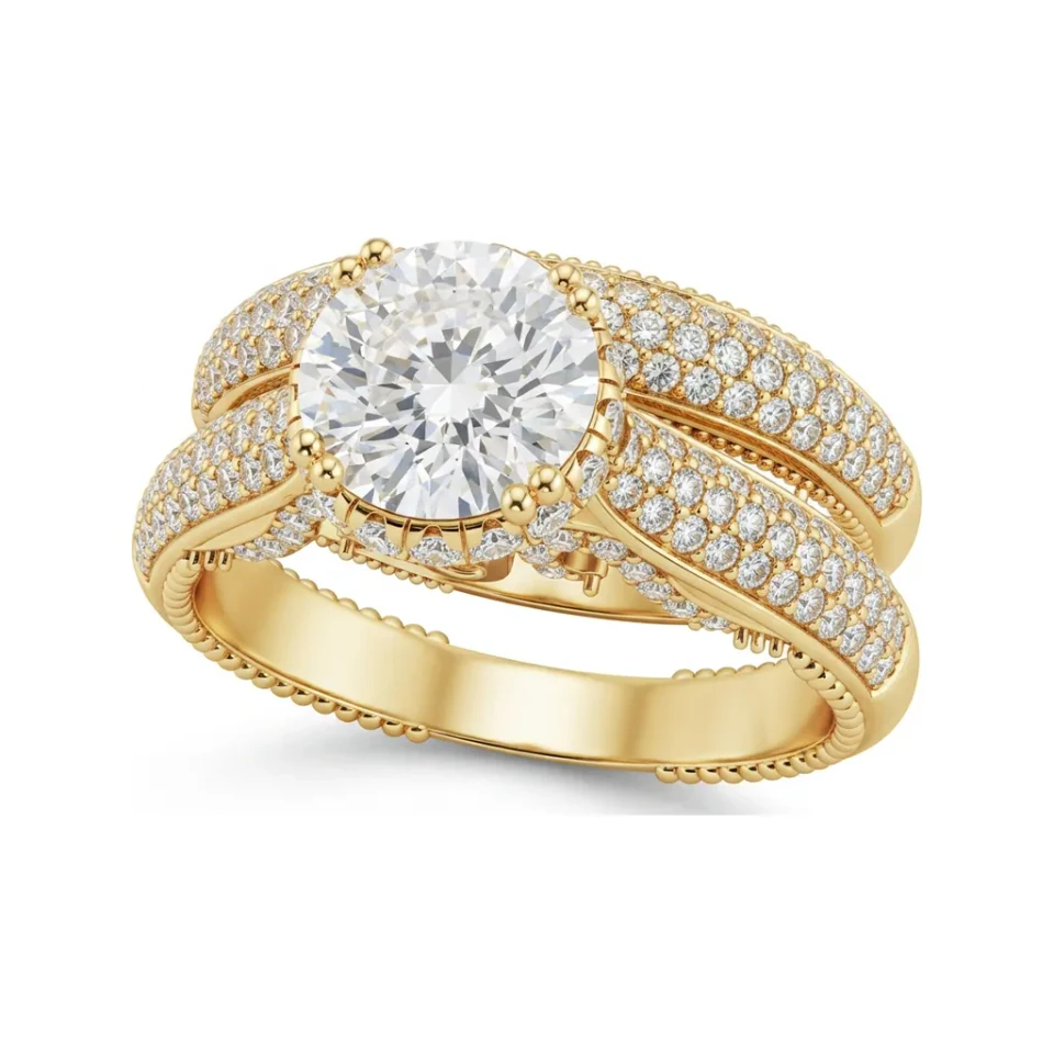 1.79 CTTW Cathedral Halo Micro-Pave Bridal Set in 10K Yellow Gold image 1