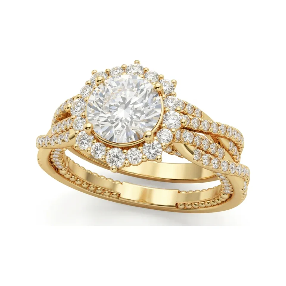 1.96 CTTW Floral Halo Bridal Set with Pave Split Shank Band in 10K Yellow Gold image 1
