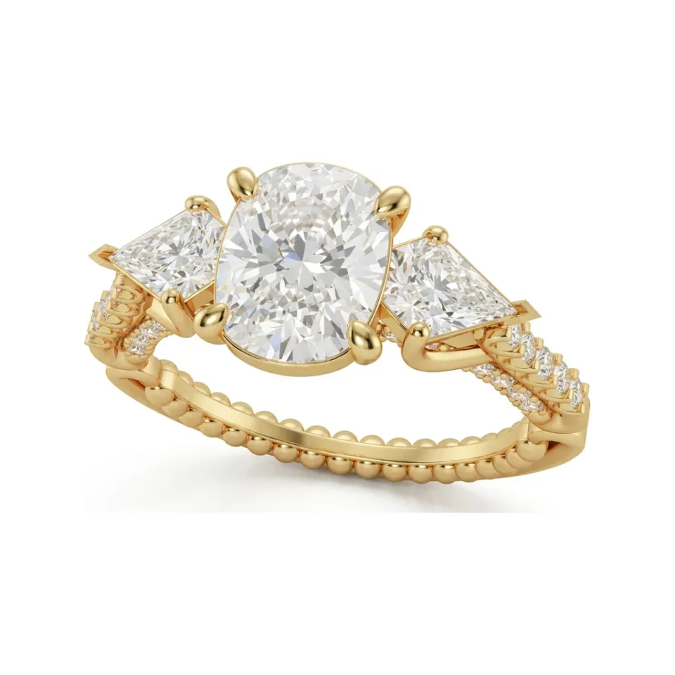 1.72 CTTW Cushion and Kite Three-Stone Pave Engagement Ring in 10K Yellow Gold image 1