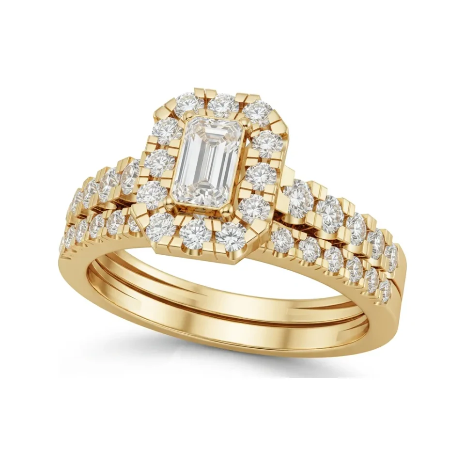 0.82 CTTW Emerald & Radiant Cut Halo Pave Bridal Set in 10K Yellow Gold image 1