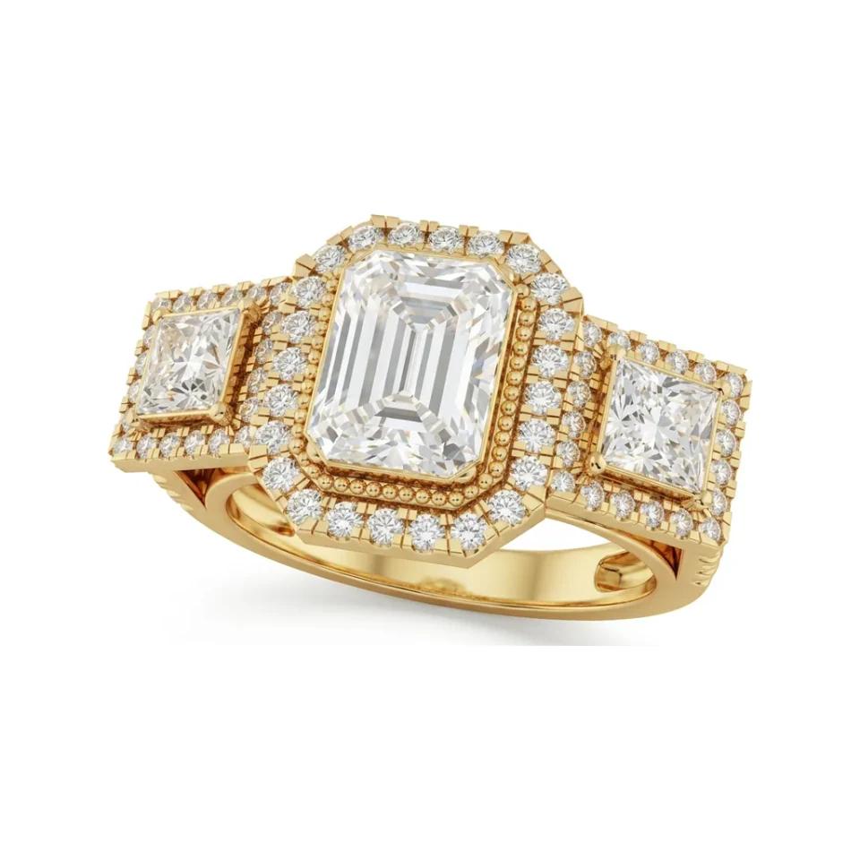 3.27 CTTW Three-Stone Emerald Cut Halo Engagement Ring in 10K Yellow Gold image 1