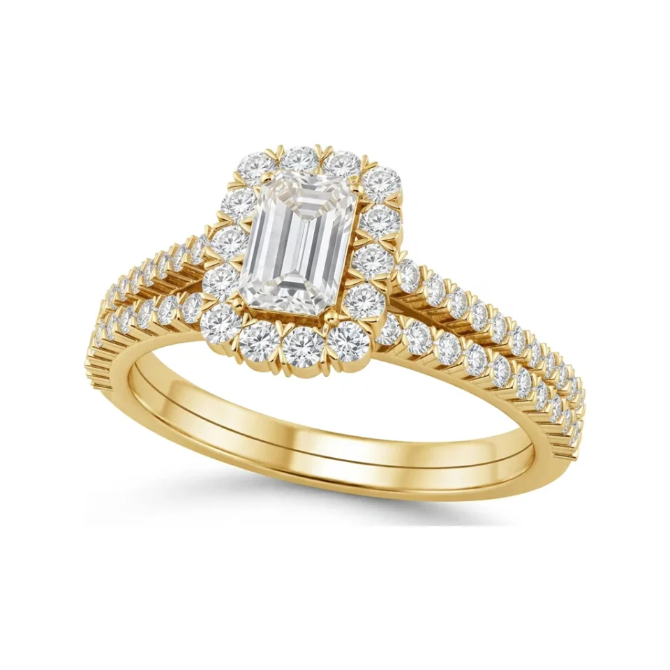 0.67 CTTW Emerald Cut Halo Pave Bridal Set in 10K Yellow Gold image 1