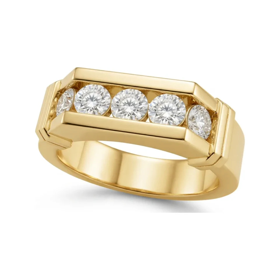 0.9 CTTW Mens Five-Stone Channel-Set Wedding Band in 10K Yellow Gold image 1