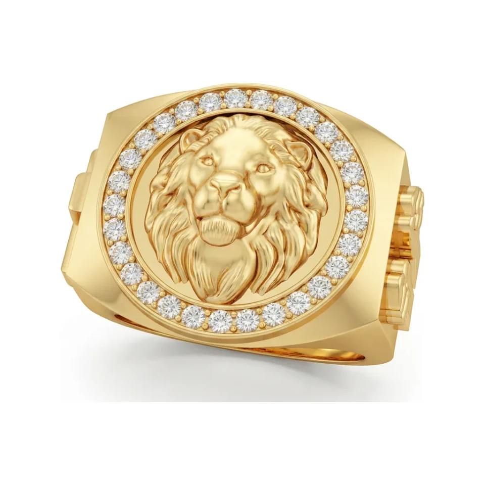 0.53 CTTW Mens Lion Head Halo Statement Ring in 10K Yellow Gold image 1