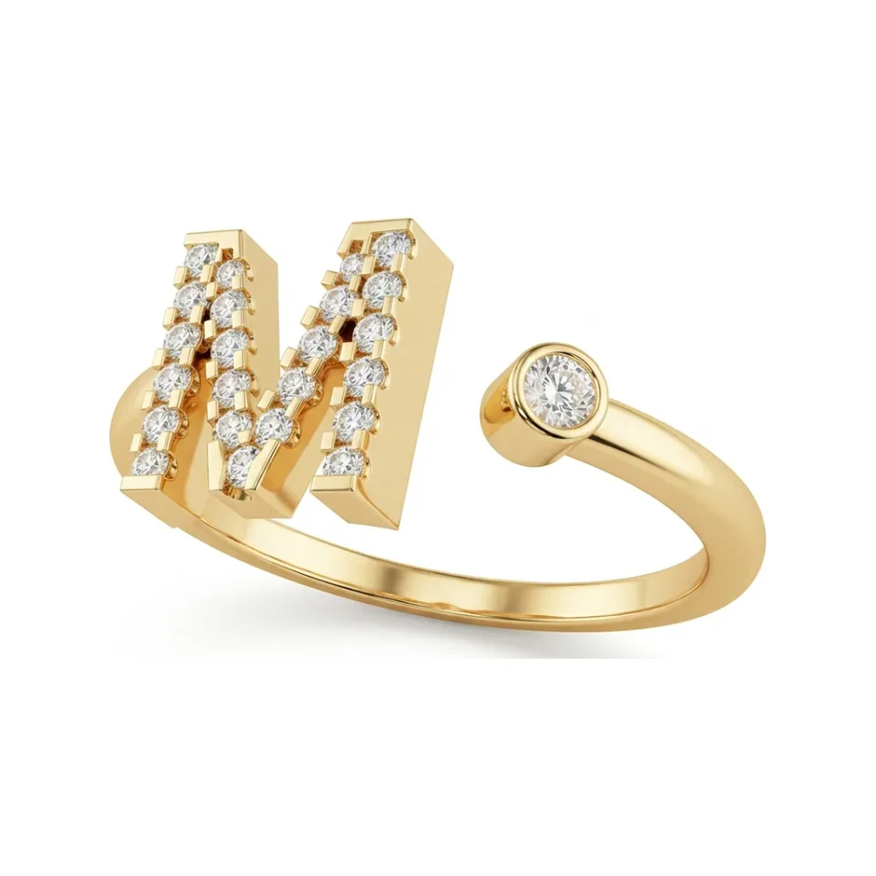 0.18 CTTW Letter M Initial Ring with Bezel Diamonds in 10K Yellow Gold image 1