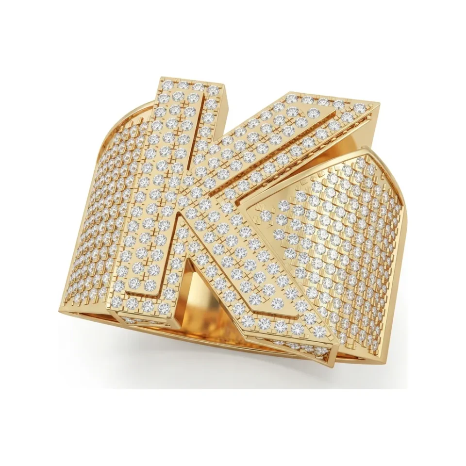 0.97 CTTW Micro-Pave Initial Letter Statement Ring in 10K Yellow Gold image 1