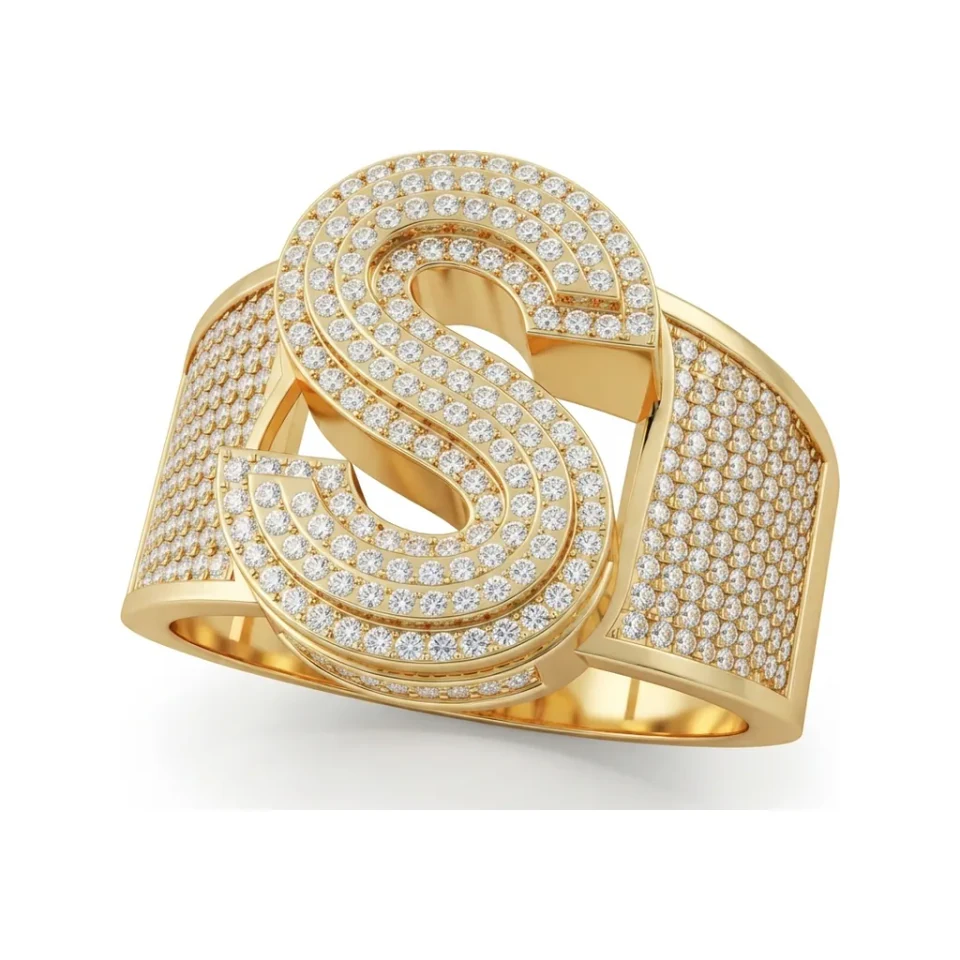 0.91 CTTW Initial S Micro-Pave Diamond Wide Band Ring in 10K Yellow Gold image 1