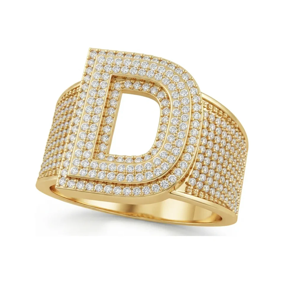 0.91 CTTW Mens Letter D Initial Ring with Pave Wide Band in 10K Yellow Gold image 1