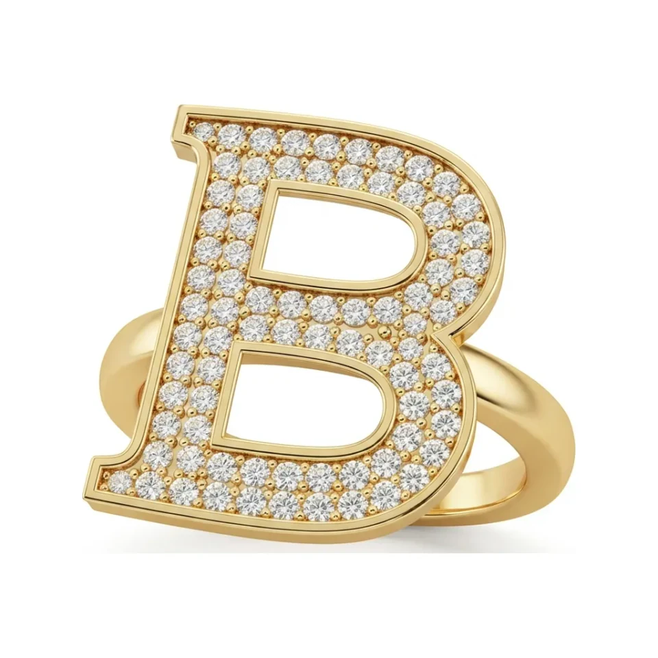 0.51 CTTW Personalized Initial Micro-Pave Diamond Ring in 10K Yellow Gold image 1