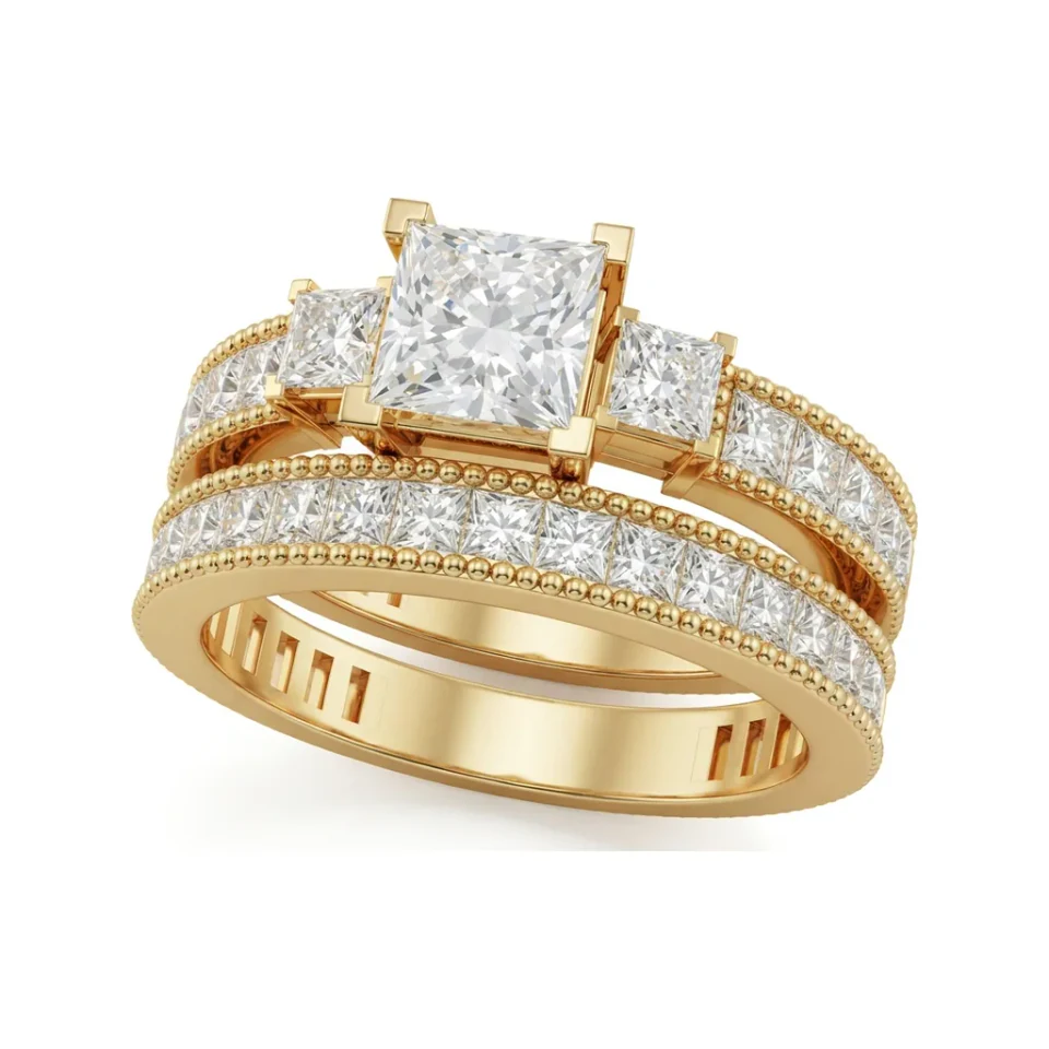 3.01 CTTW Princess & Baguette Channel-Set Bridal Set in 10K Yellow Gold image 1