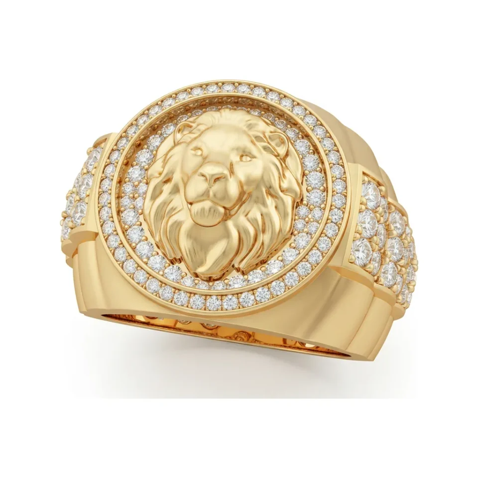 1.51 CTTW Mens Lion Head Ring with Halo | Bold Statement Ring in 10K Yellow Gold image 1