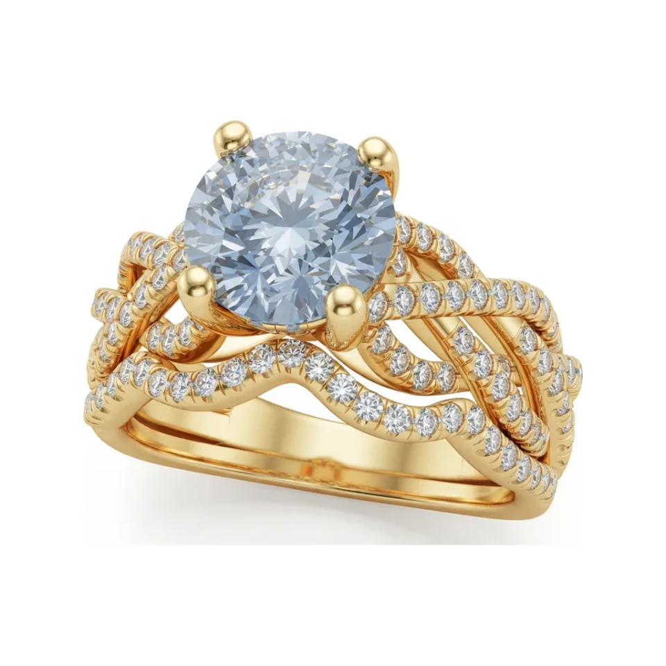 2.42 CTTW Braided Split Shank Bridal Set | Round Solitaire Pave Rings in 10K Yellow Gold image 1