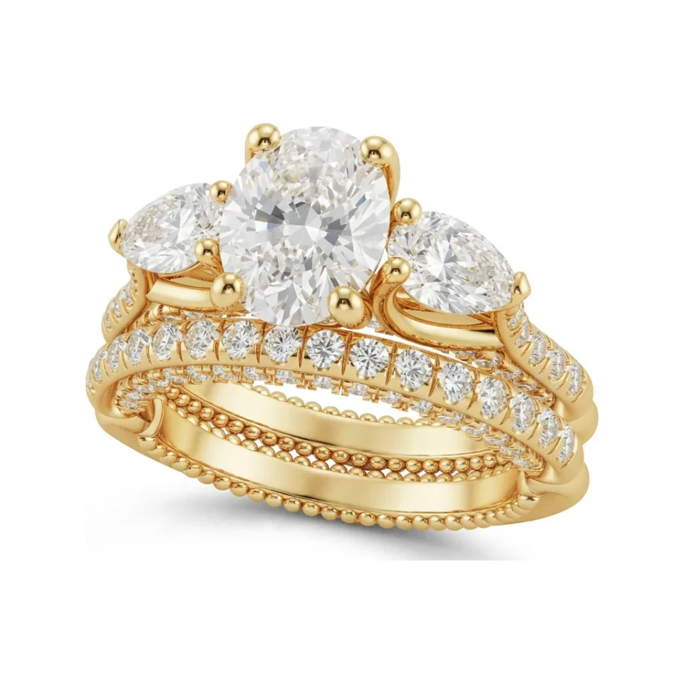 3.02 CTTW Oval & Pear Three-Stone Milgrain Bridal Set in 10K Yellow Gold image 1