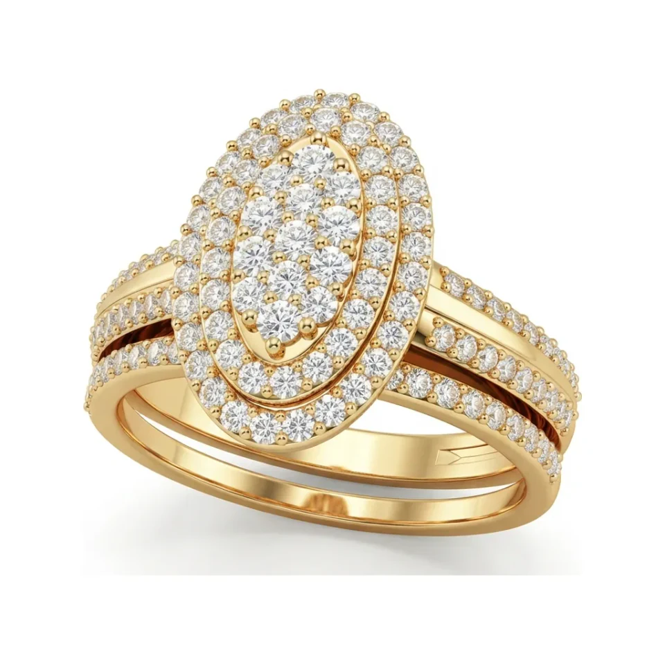 0.82 CTTW Marquise Double Halo Cluster Bridal Set | Pave Split Shank in 10K Yellow Gold image 1