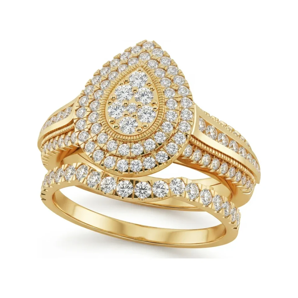 0.83 CTTW Pear Halo Cluster Pave Bridal Set in 10K Yellow Gold image 1