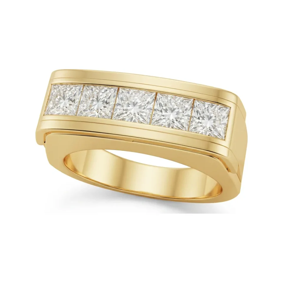 1.33 CTTW Mens Five-Stone Princess Channel Wedding Band | Wide in 10K Yellow Gold image 1