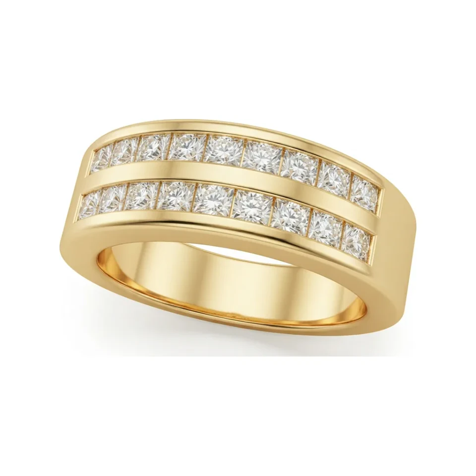 0.96 CTTW Mens Princess-Cut Channel Band | Two-Row Wide Diamond Ring in 10K Yellow Gold image 1
