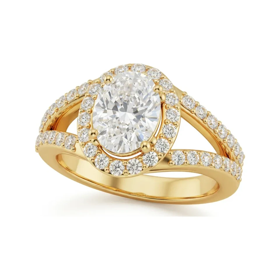1.56 CTTW Oval Halo Split Shank Engagement Ring in 10K Yellow Gold image 1