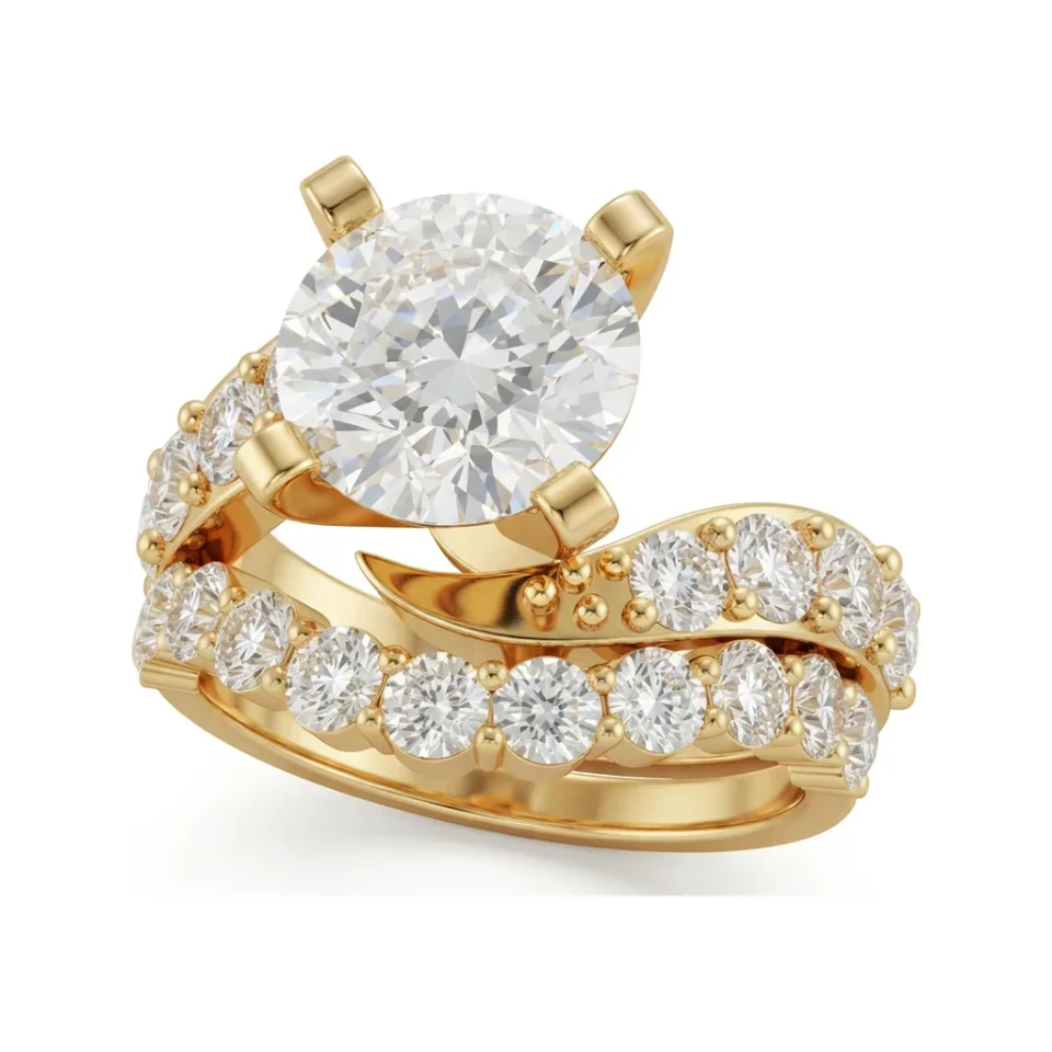 4.09 CTTW Bypass Crossover Round Engagement Bridal Set in 10K Yellow Gold image 1