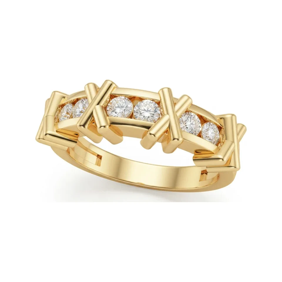 0.4 CTTW Bar & Station Round Diamond Wedding Band Ring in 10K Yellow Gold image 1