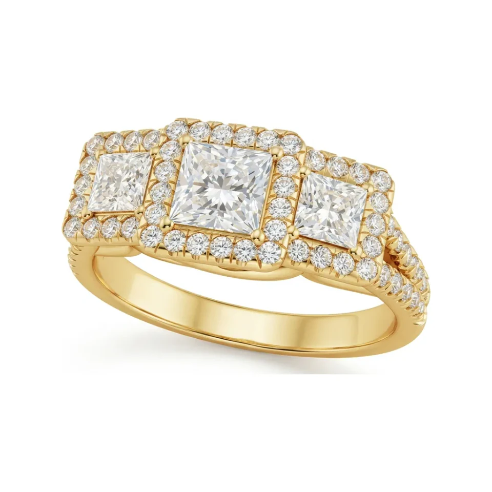 1.34 CTTW Princess Three-Stone Halo Split Shank Engagement Ring in 10K Yellow Gold image 1