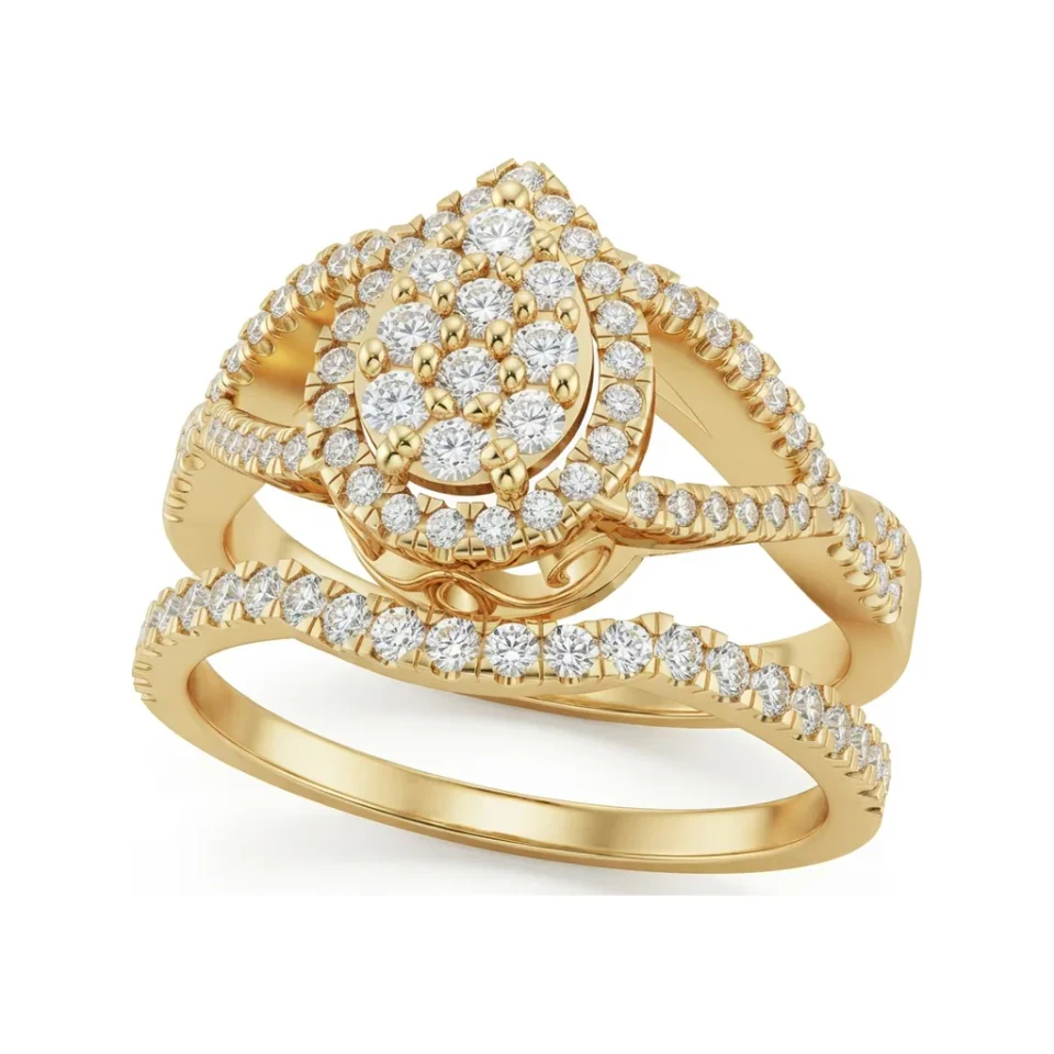 0.68 CTTW Pear Halo Split Shank Bridal Set in 10K Yellow Gold image 1