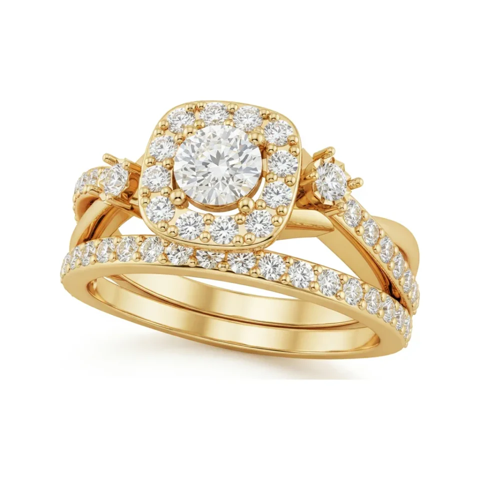 0.82 CTTW Cushion Halo Engagement Ring, Split Shank Pave in 10K Yellow Gold image 1