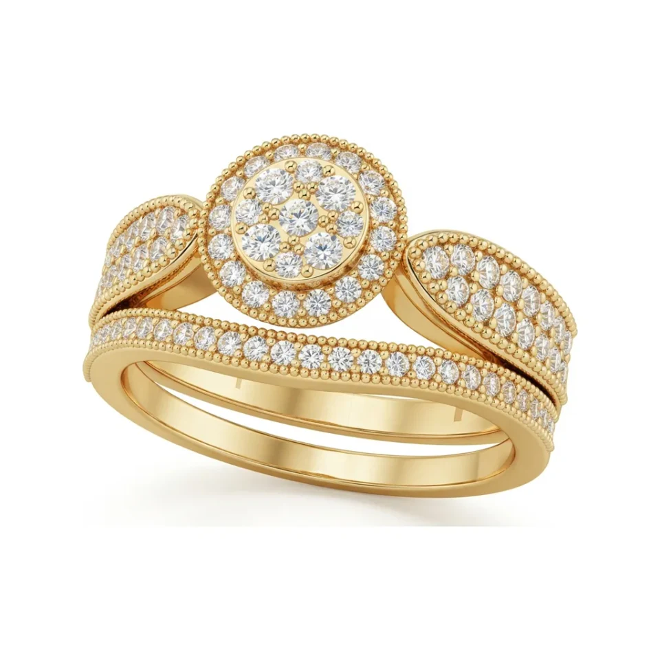 0.5 CTTW Cluster Halo Bypass Bridal Set | Multi-Row Pave in 10K Yellow Gold image 1